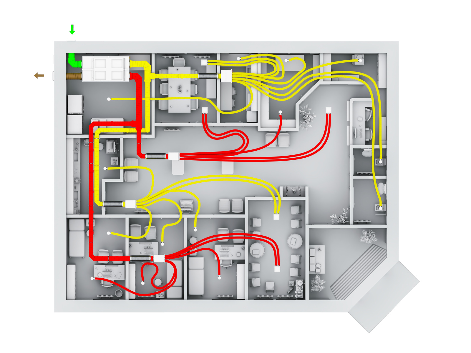 Zehnder_Caladair_CSY_Flatpower1300_Airdistribution_MedicalClinic_Cutout_top Rendering Zehnder Flatpower Comfortable indoor ventilation Top view